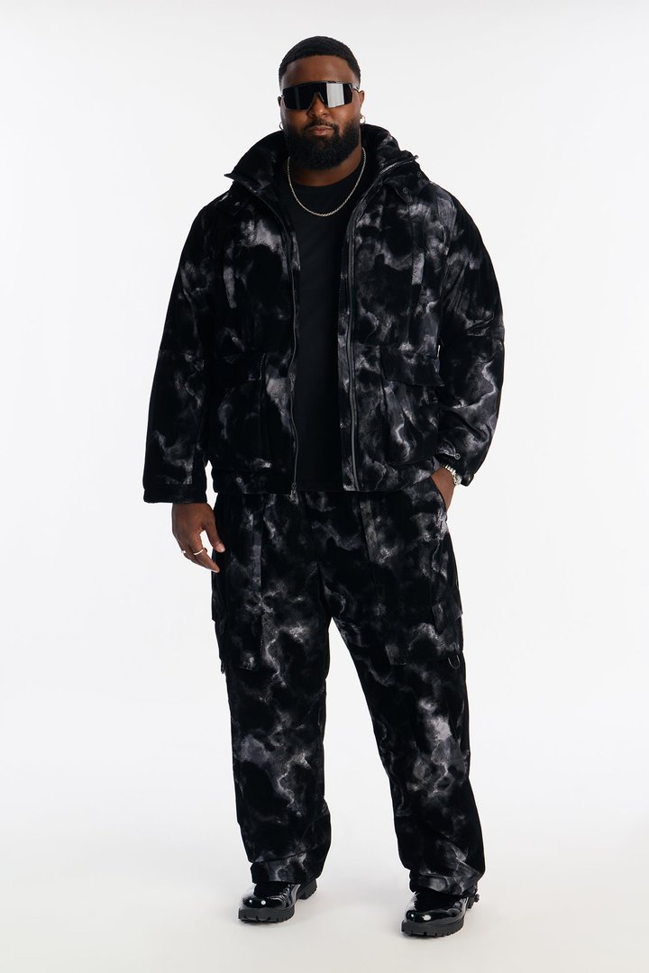 Padded Flocked Marble Ski Jacket - Black