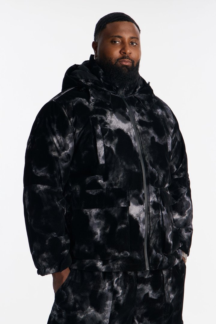 Padded Flocked Marble Ski Jacket - Black