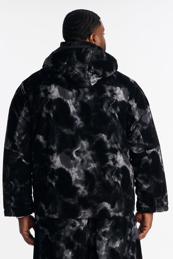 Padded Flocked Marble Ski Jacket - Black