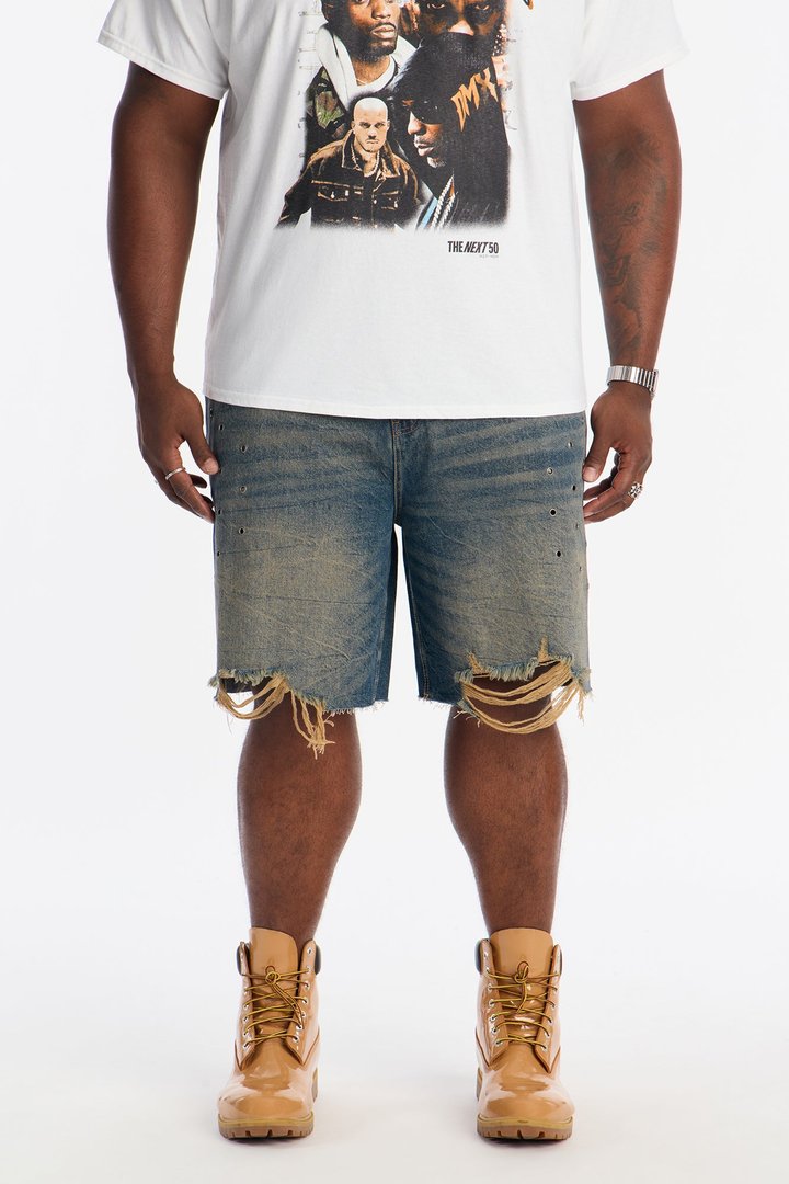 Relaxed Looking Out Distressed Grommet Denim Short - Dark Wash