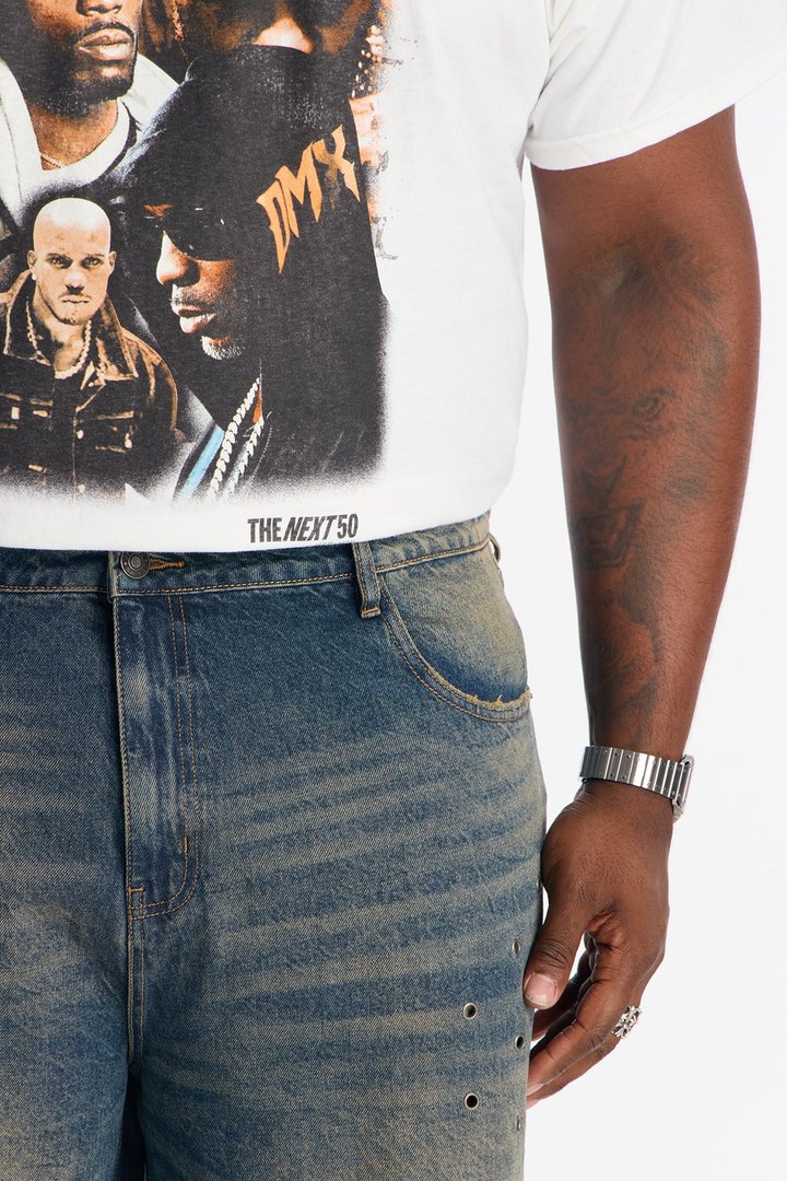 Relaxed Looking Out Distressed Grommet Denim Short - Dark Wash