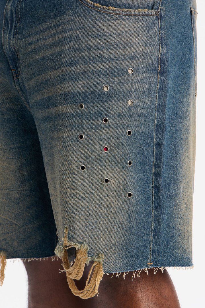 Relaxed Looking Out Distressed Grommet Denim Short - Dark Wash