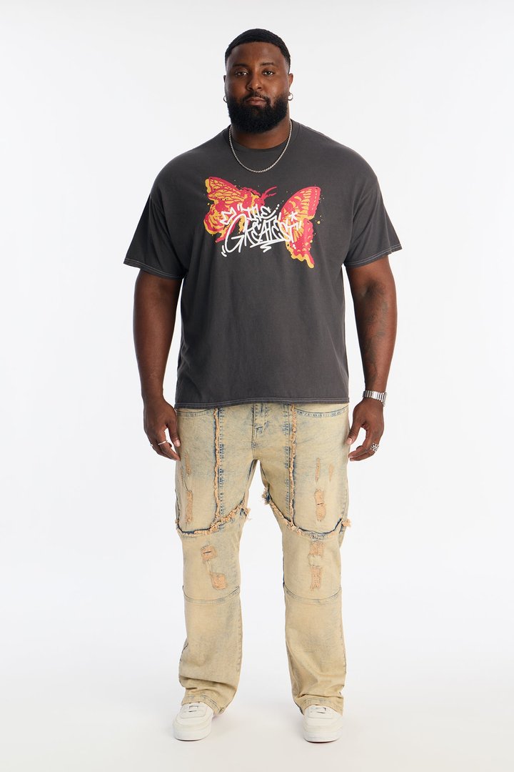 Stacked Skinny Flare Distressed With Frayed Jeans - Vintage Blue Wash