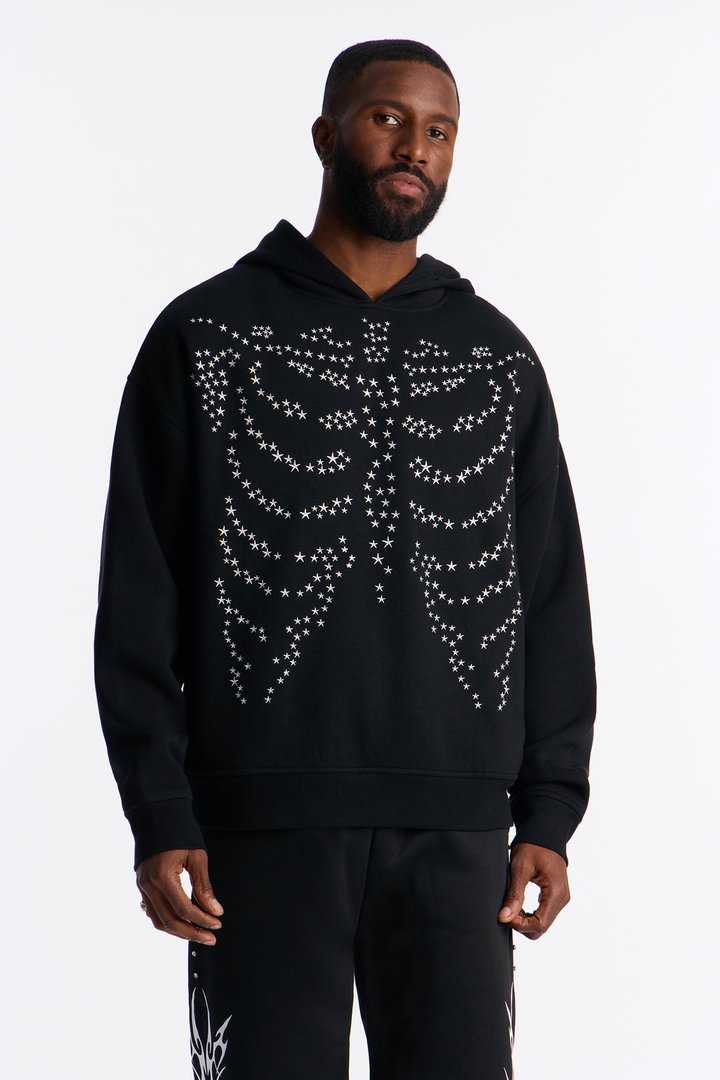 Skeleton Stars Embroidered Oversized Hoodie - Black