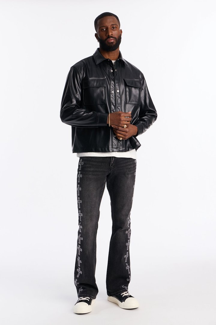 Stacked Skinny Flare Crosses Lined Down Jeweled Jean - Black Wash