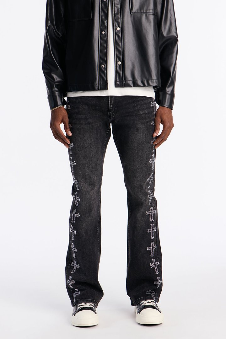 Stacked Skinny Flare Crosses Lined Down Jeweled Jean - Black Wash