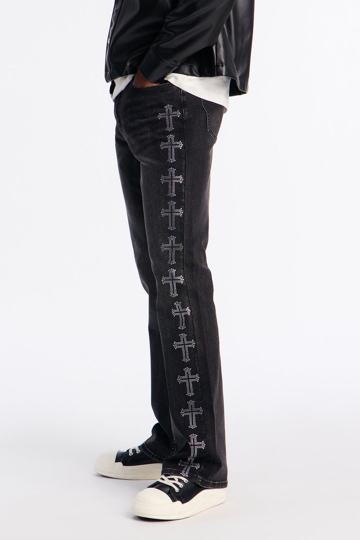 Stacked Skinny Flare Crosses Lined Down Jeweled Jean - Black Wash