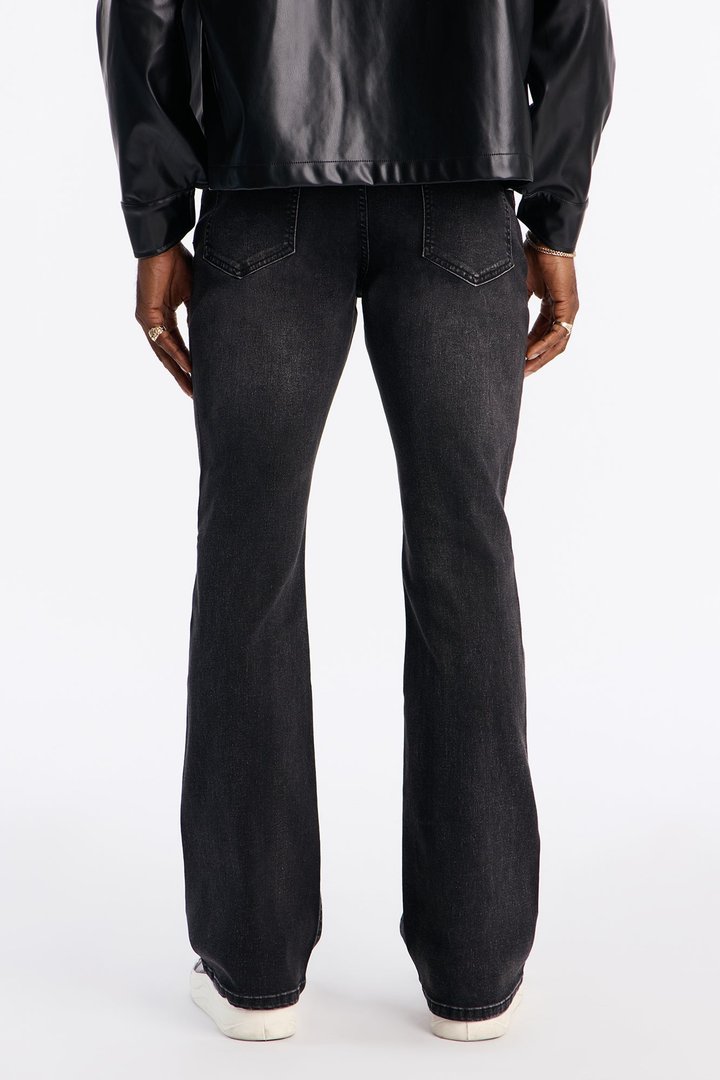 Stacked Skinny Flare Crosses Lined Down Jeweled Jean - Black Wash