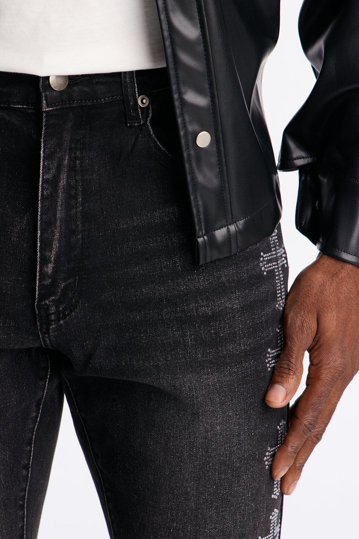 Stacked Skinny Flare Crosses Lined Down Jeweled Jean - Black Wash