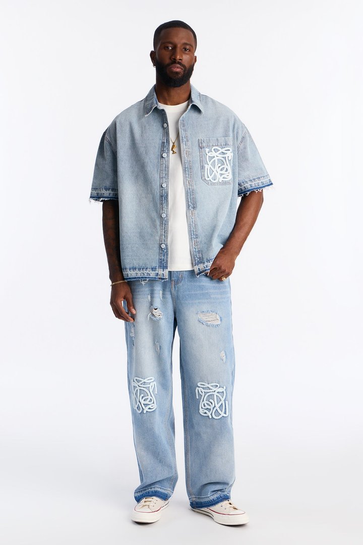Baggy Coastal Applique Jean - Light Blue Wash