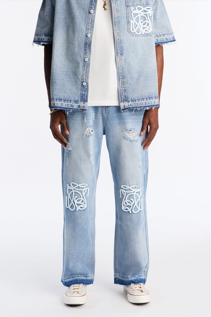 Baggy Coastal Applique Jean - Light Blue Wash
