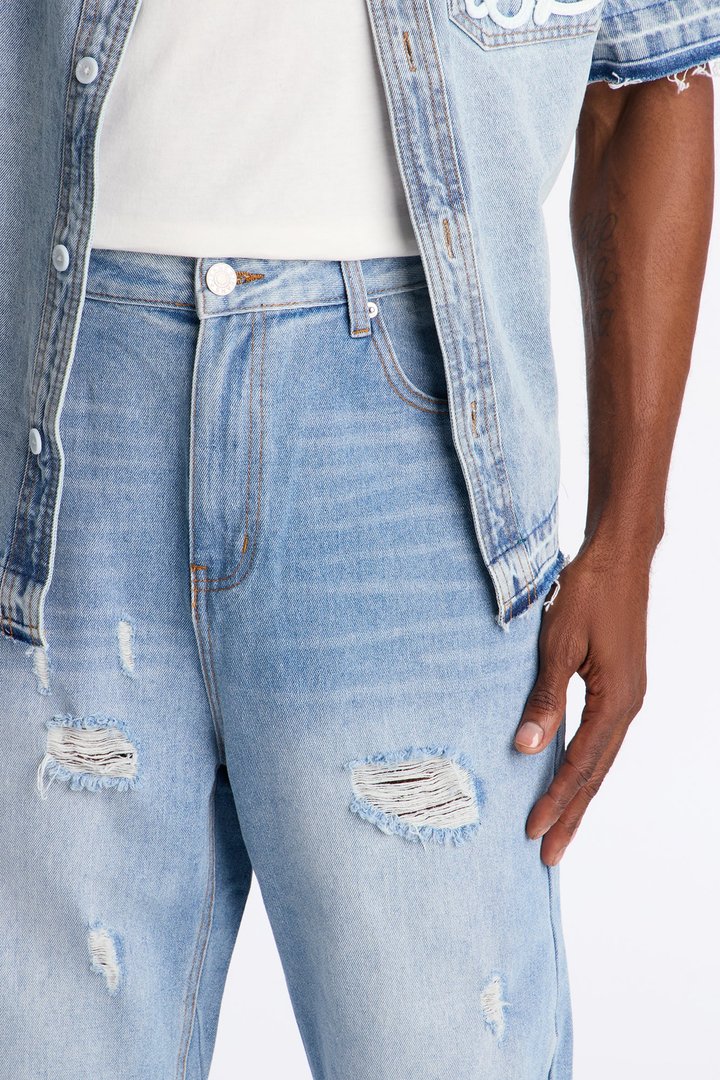 Baggy Coastal Applique Jean - Light Blue Wash