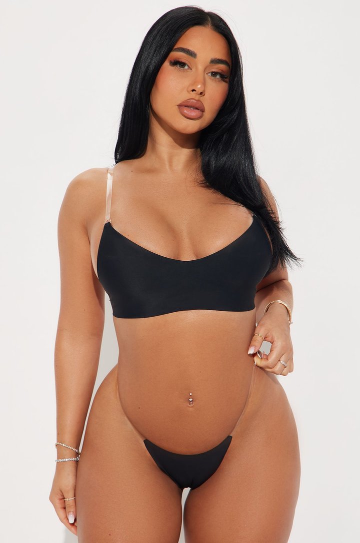 No Show Microfiber Clear Strap Thong - Black