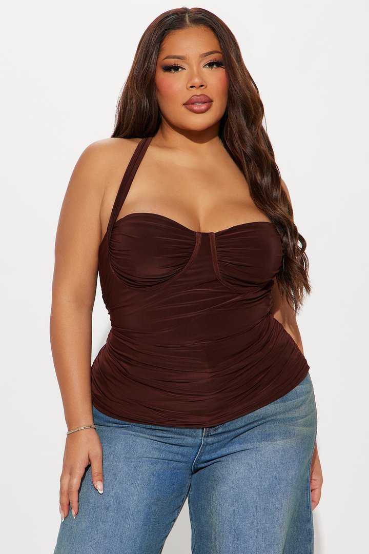 Just A Feeling Ruched Halter Top - Chocolate