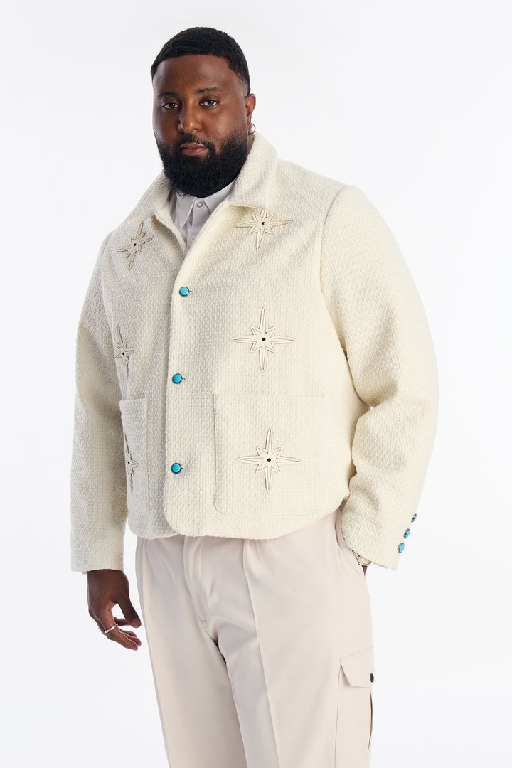 Cropped Tweed Bright Etoile Button Up Jacket - Off White