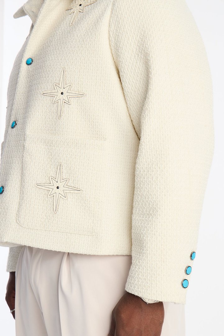 Cropped Tweed Bright Etoile Button Up Jacket - Off White