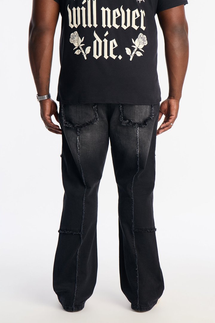 Stacked Skinny Flare Frayed Along Panel Jean - Black Wash