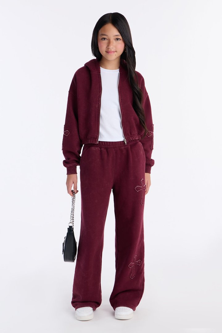 Mini Don't Cross Me Washed Fleece Lounge Hoodie - Burgundy