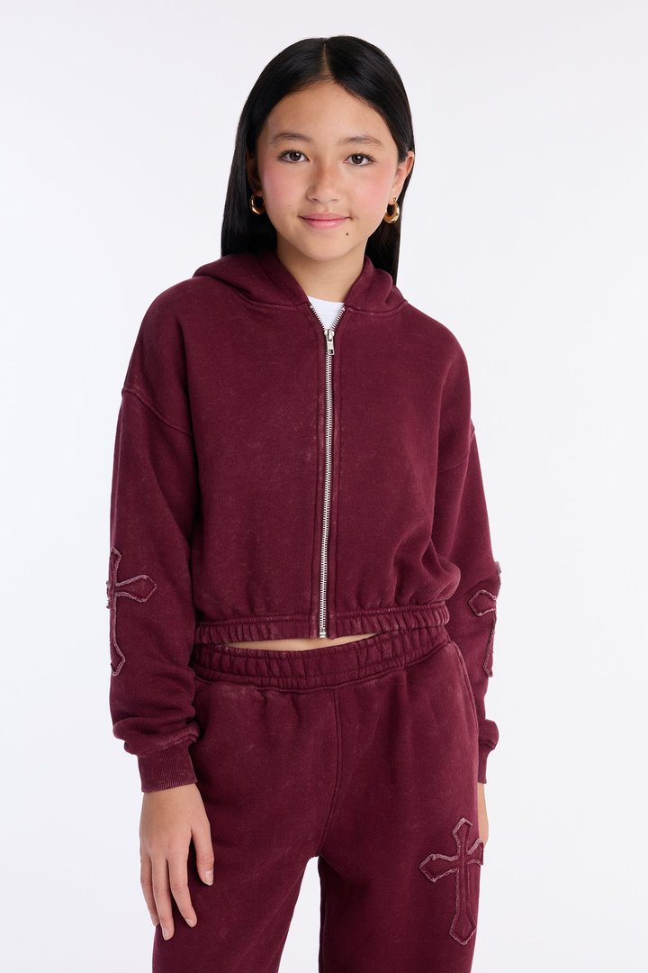 Mini Don't Cross Me Washed Fleece Lounge Hoodie - Burgundy
