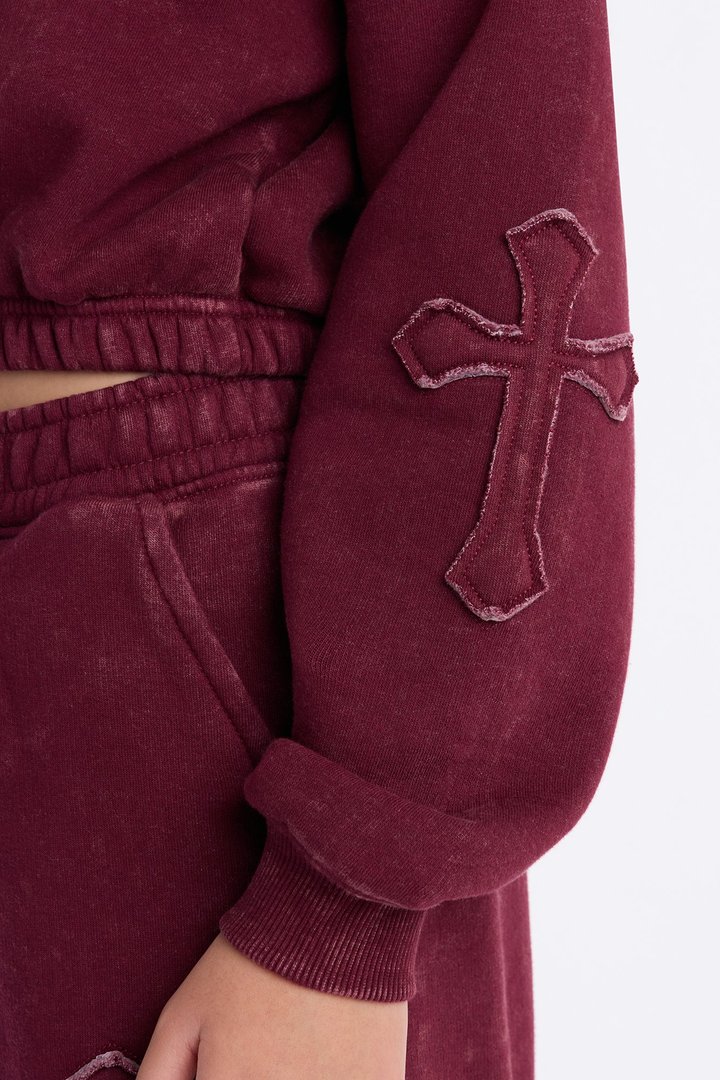 Mini Don't Cross Me Washed Fleece Lounge Hoodie - Burgundy