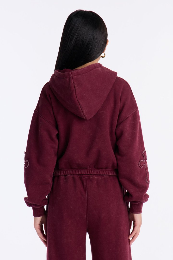 Mini Don't Cross Me Washed Fleece Lounge Hoodie - Burgundy