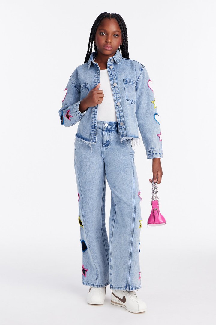 Mini Lovely Star Denim Shacket - Light Wash