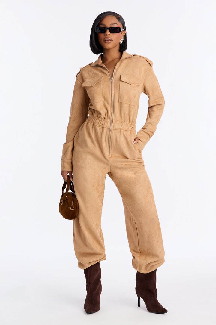 Sofia Suede Long Sleeve Cargo Jogger Jumpsuit - Taupe