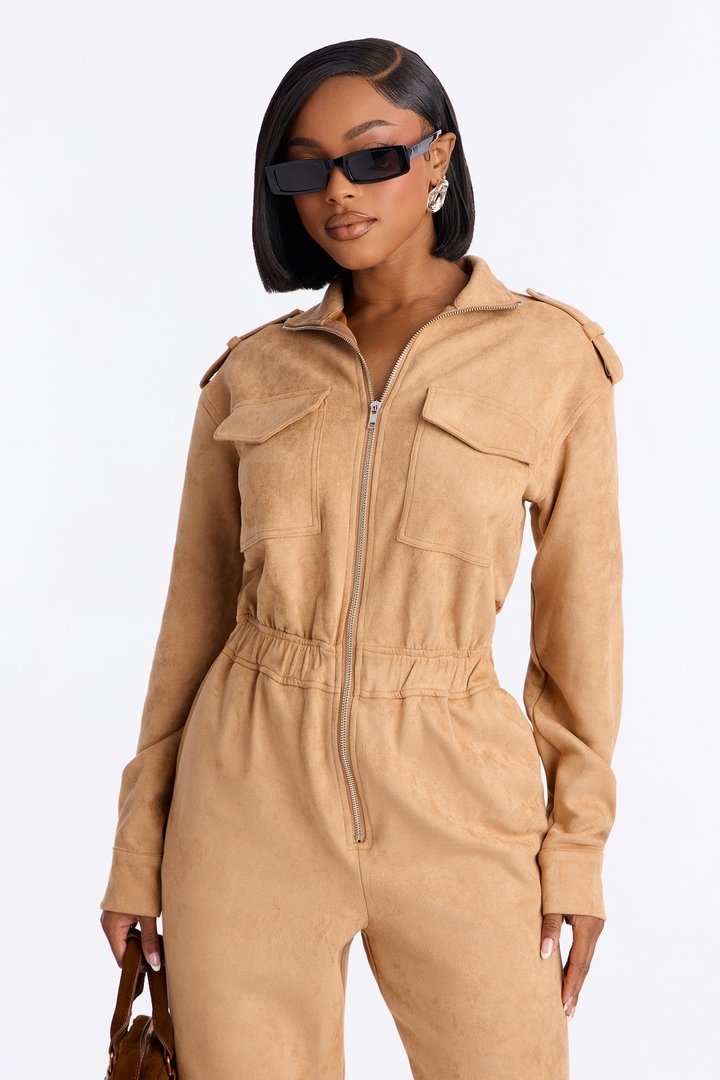 Sofia Suede Long Sleeve Cargo Jogger Jumpsuit - Taupe