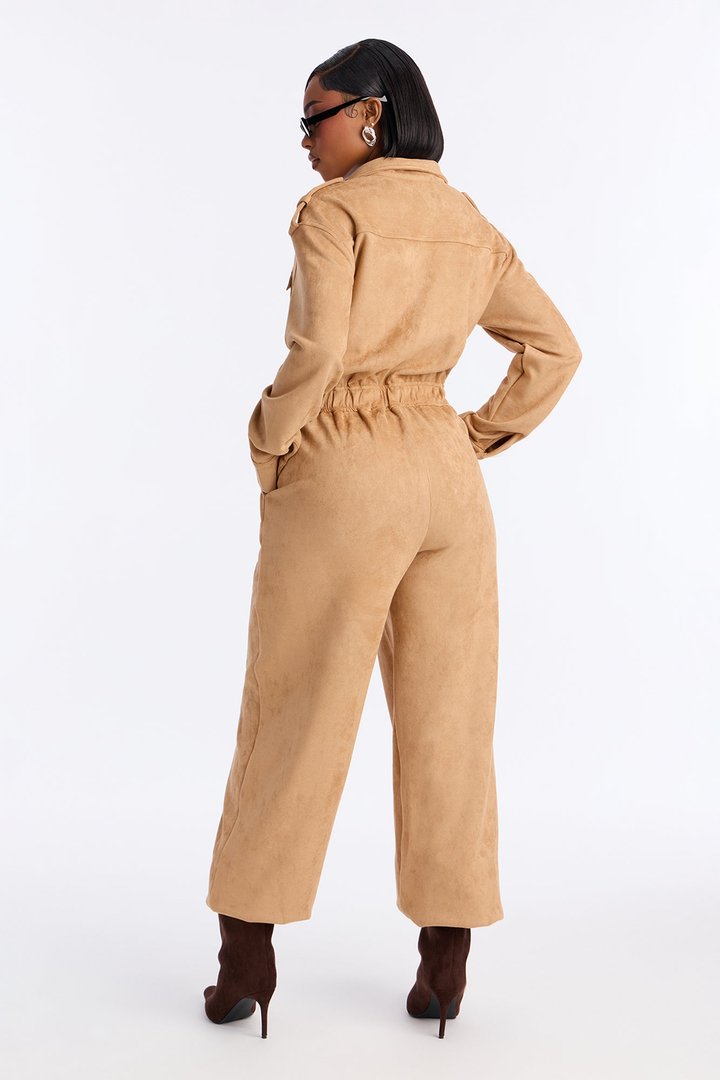 Sofia Suede Long Sleeve Cargo Jogger Jumpsuit - Taupe
