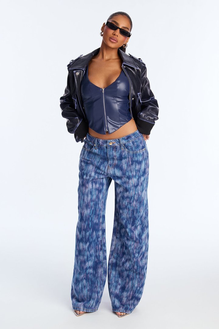 Moodwash Printed Wide Leg Jeans - Medium Wash
