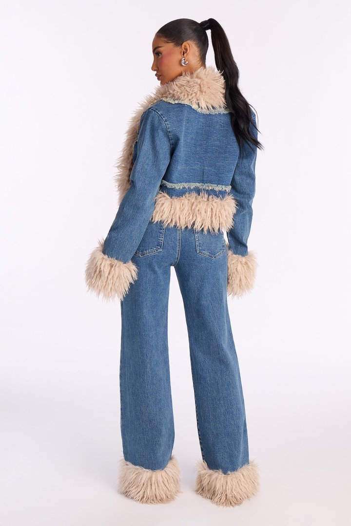 Corina Denim Faux Fur Pant Set - Medium Wash