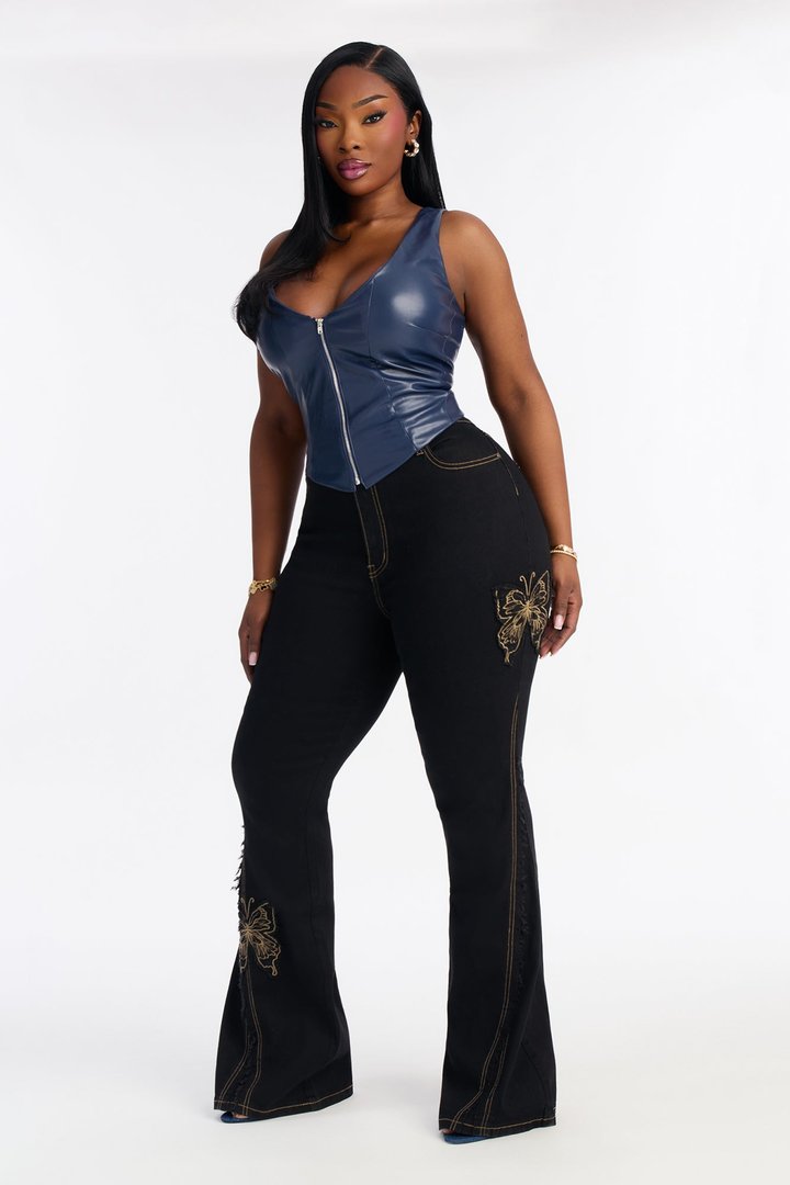 Fluttering Butterfly Low Rise Embroidered Flare Jeans - Black