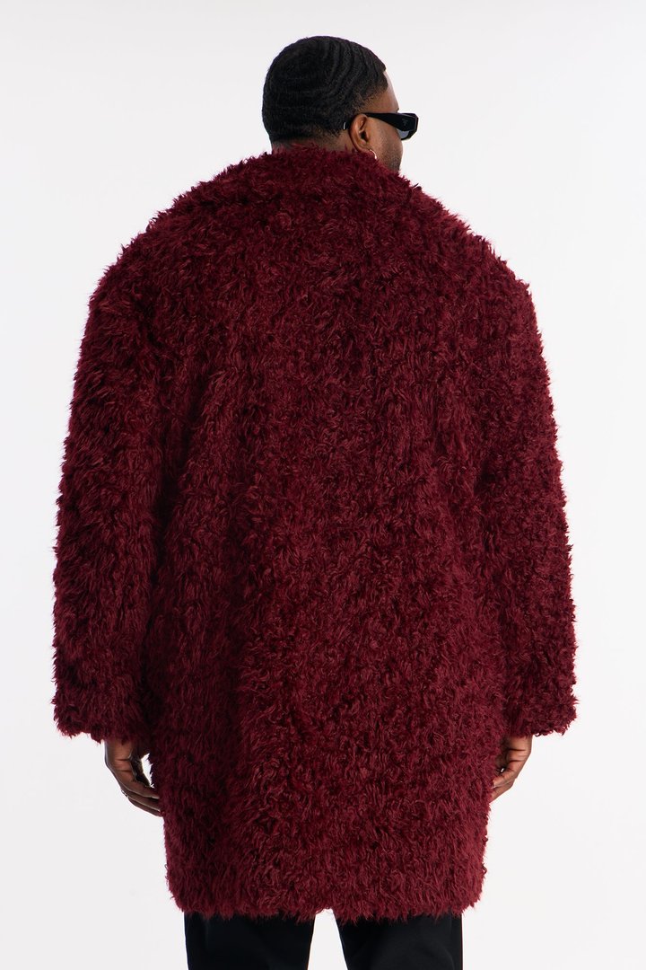 Textured Limitless Faux Fur Car Coat - Burgundy