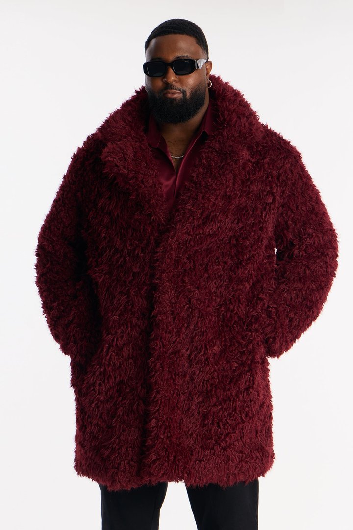 Textured Limitless Faux Fur Car Coat - Burgundy