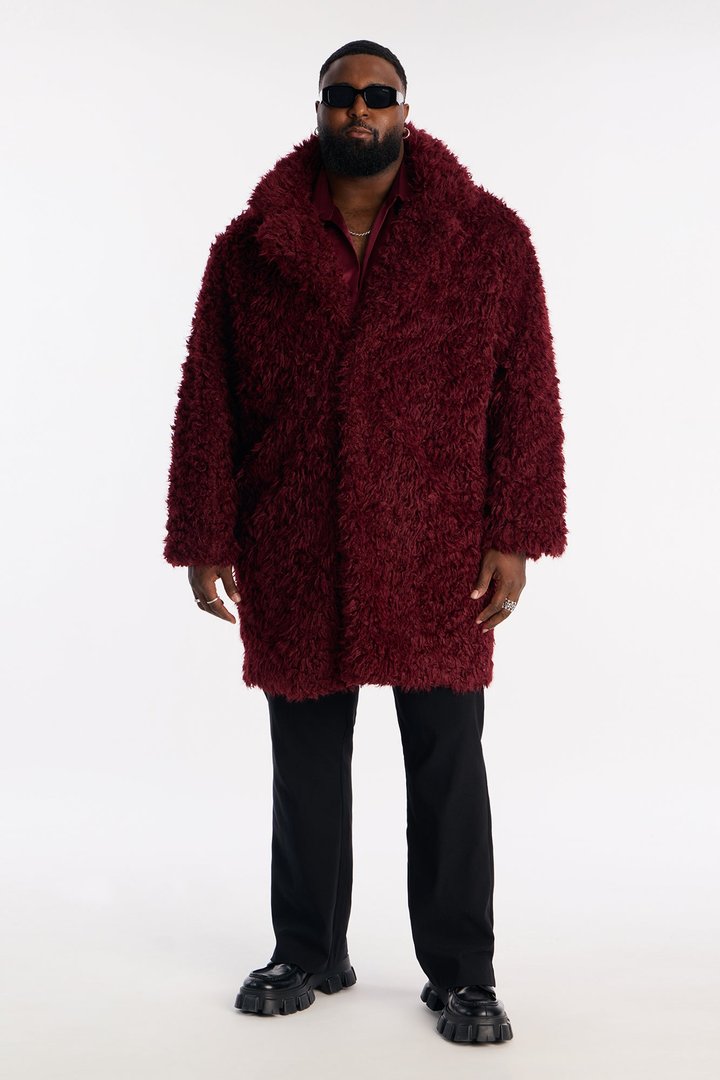 Textured Limitless Faux Fur Car Coat - Burgundy