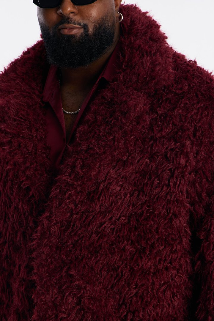 Textured Limitless Faux Fur Car Coat - Burgundy