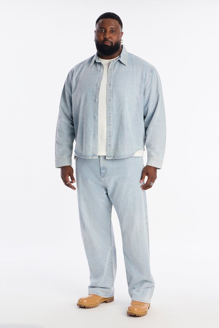 Jeweled Diamond Drift Denim Button Up Shirt - Light Blue Wash