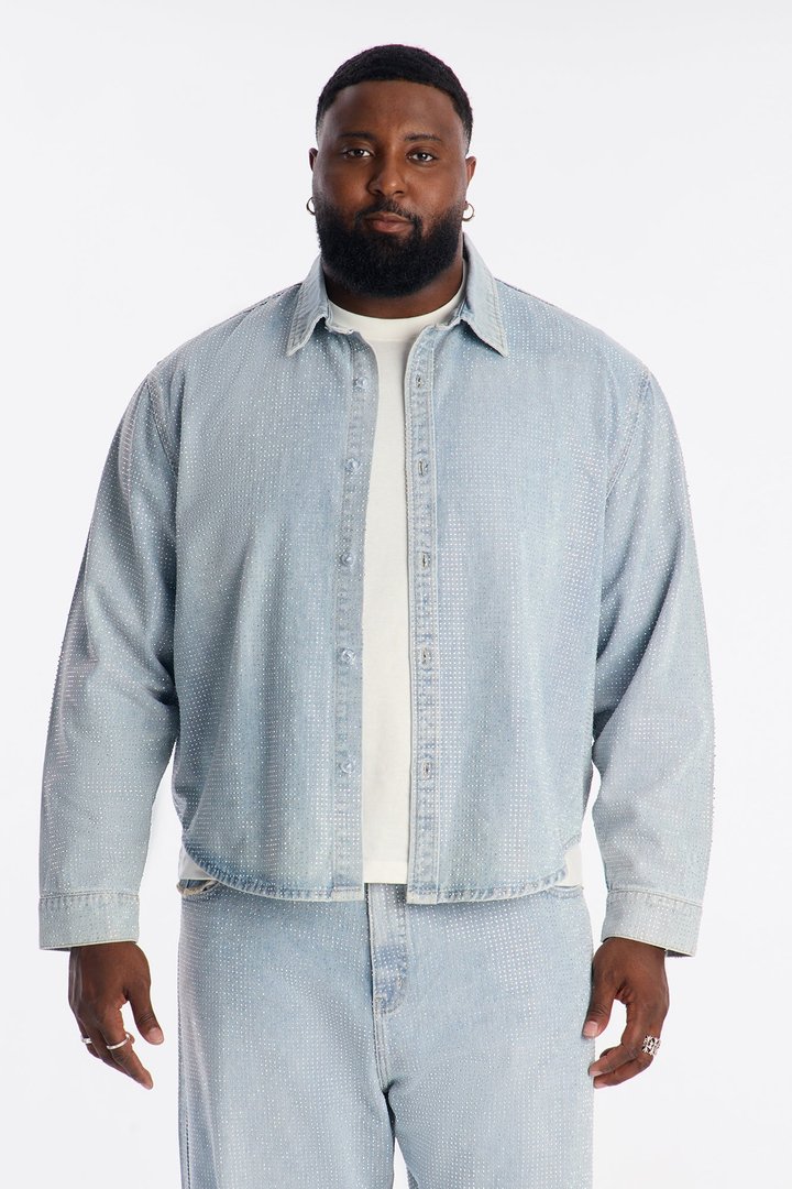 Jeweled Diamond Drift Denim Button Up Shirt - Light Blue Wash