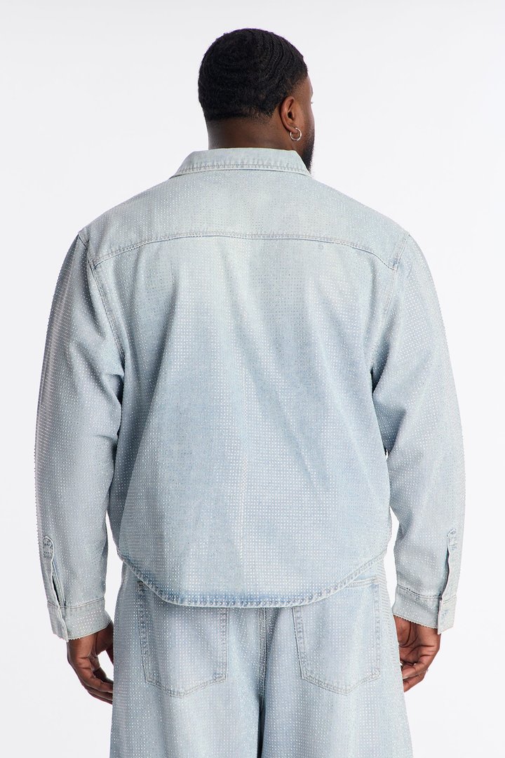 Jeweled Diamond Drift Denim Button Up Shirt - Light Blue Wash