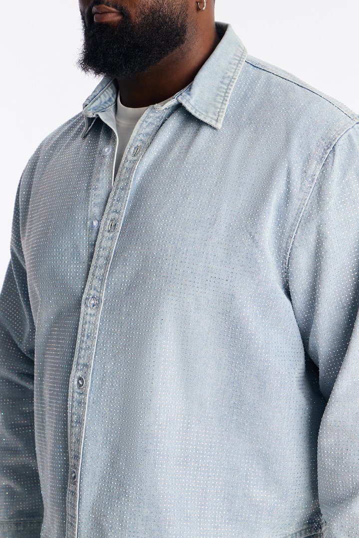 Jeweled Diamond Drift Denim Button Up Shirt - Light Blue Wash