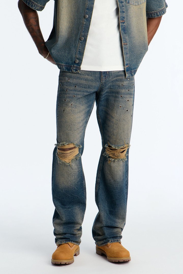 Stacked Slim Flare Looking Out Distressed Grommet Jean - Dark Wash