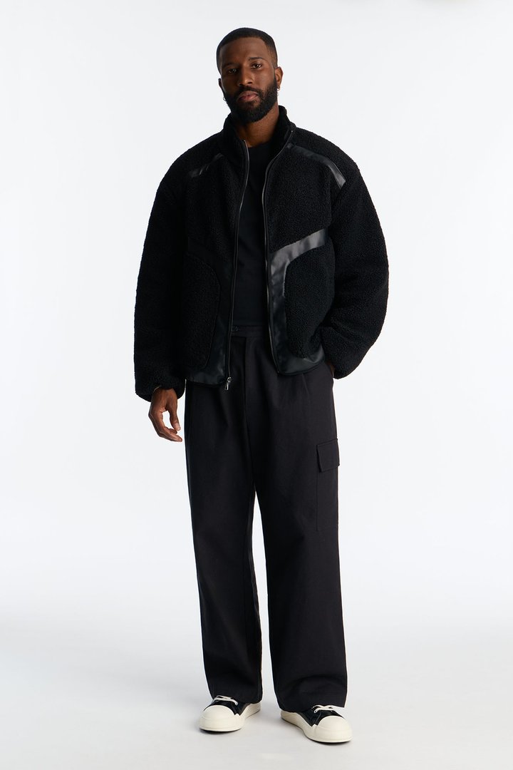 Oversized Sherpa Faux Leather Paneled Jacket - Black