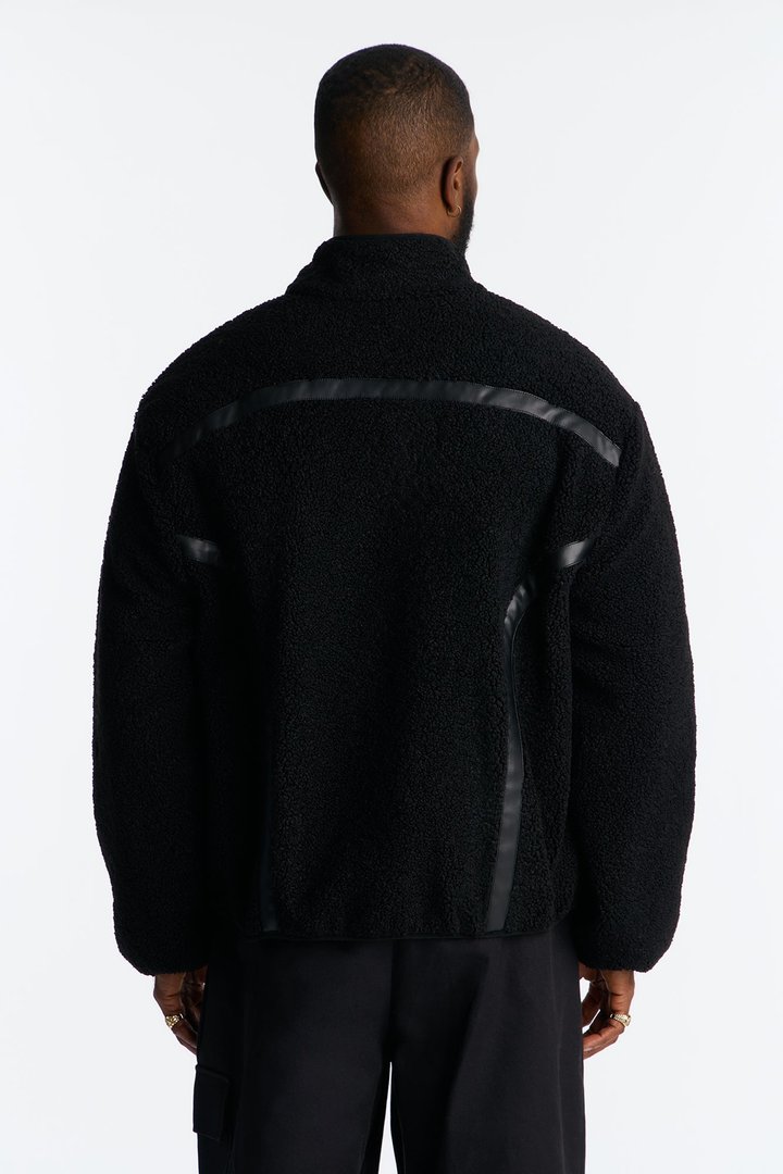 Oversized Sherpa Faux Leather Paneled Jacket - Black