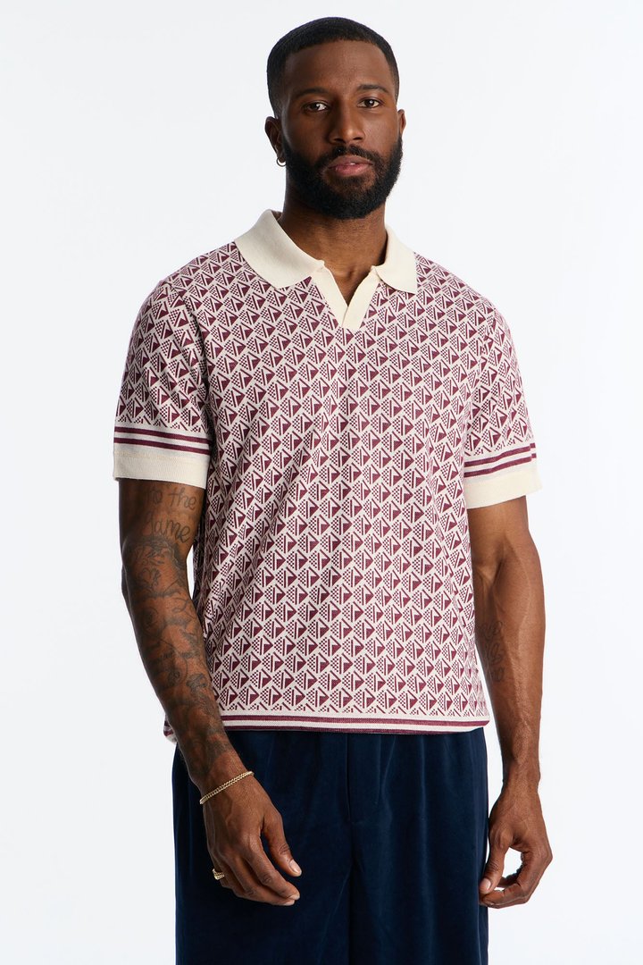 Solstice Knit Johnny Collar Polo - Burgundy/combo
