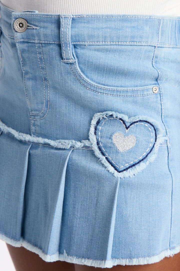 Mini I Heart U Pleated Denim Skort - Light Wash