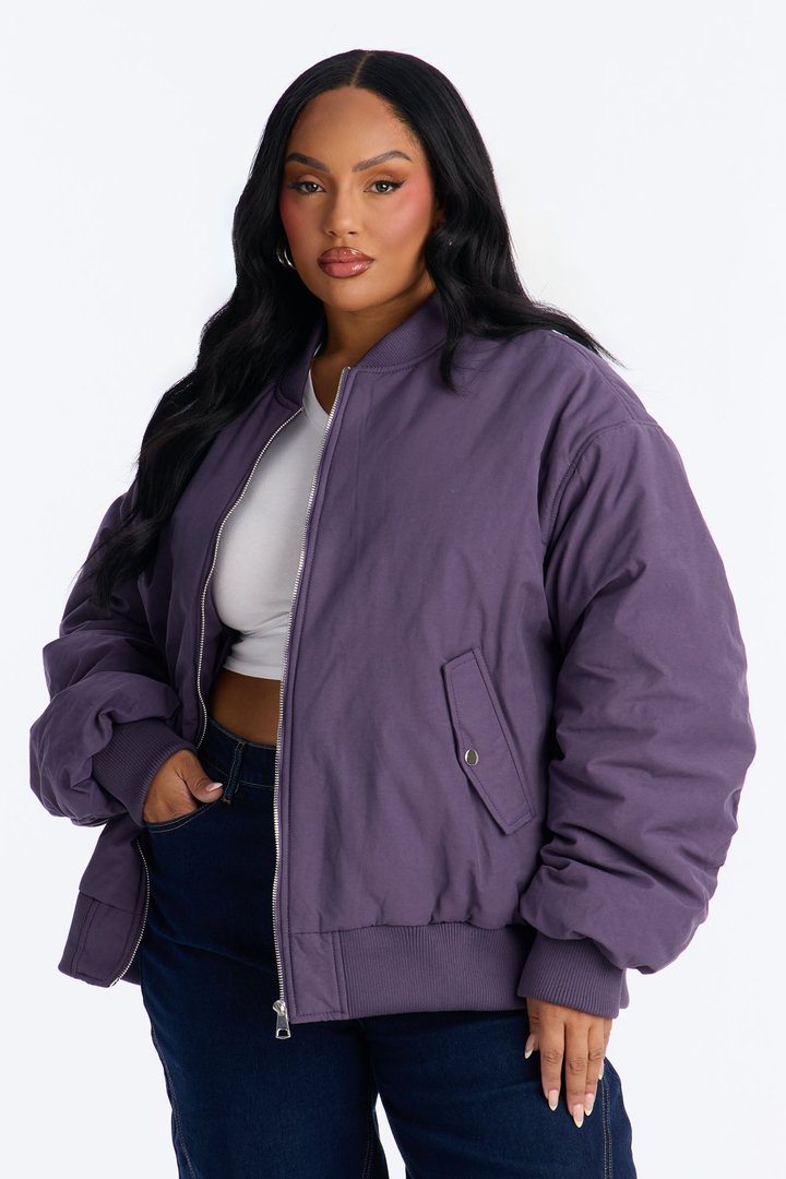 Juno Oversized Barrel Sleeve Bomber Jacket - Eggplant