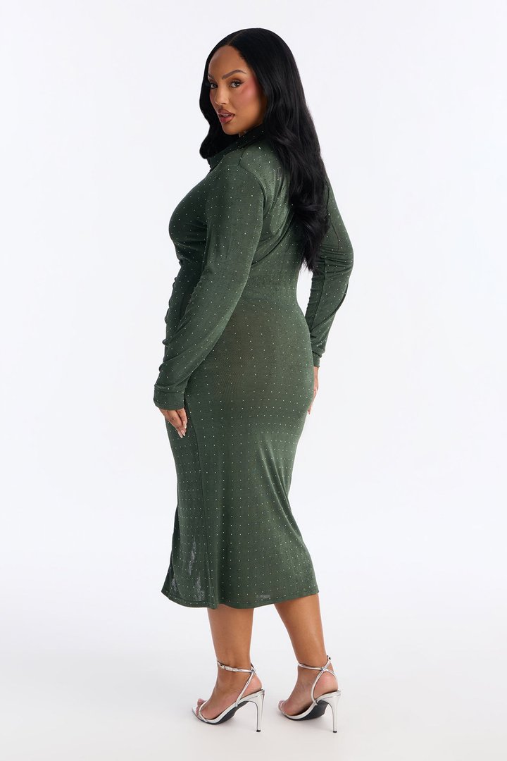 Katie Rhinestone Slinky Midi Dress - Hunter