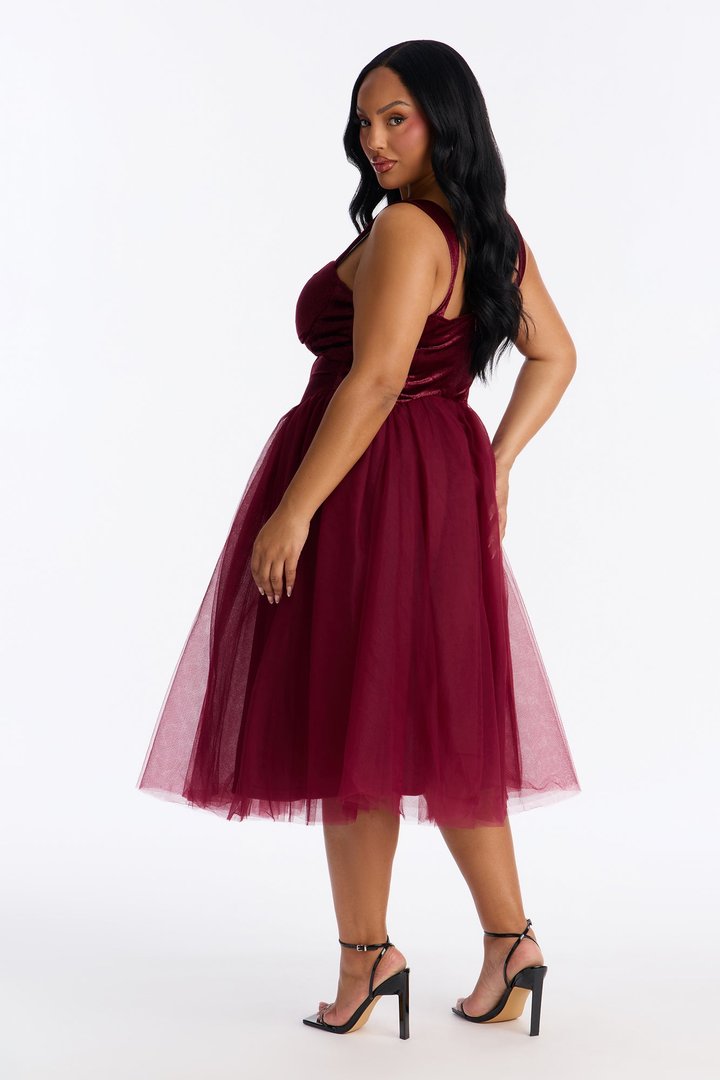 Constanza Velvet Tulle Midi Dress - Wine