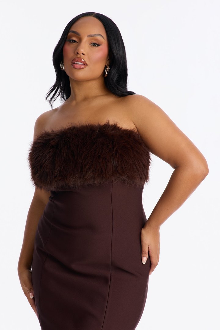 Malika Fur Trim Bandage Midi Dress - Chocolate