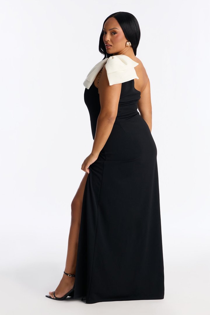 Sylvie One Shoulder Crepe Knit Gown - Black/White